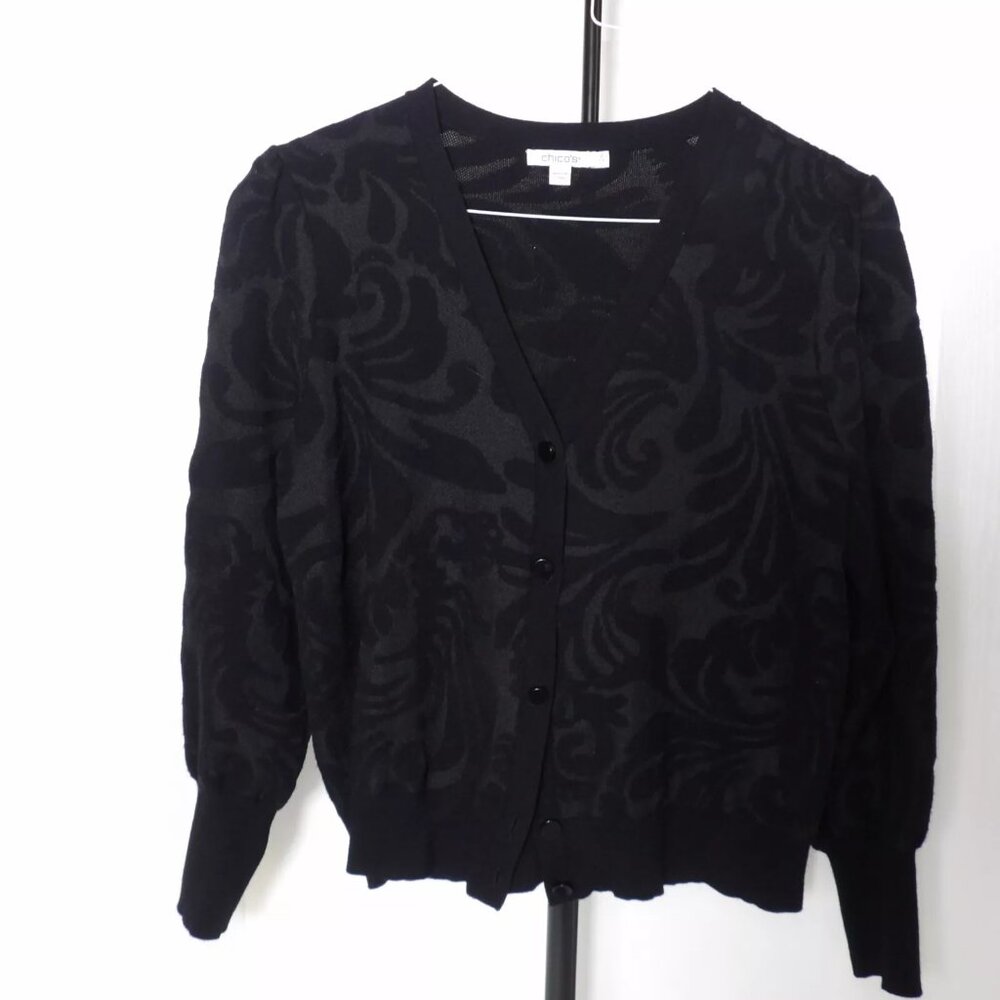 Chicos Black Jacquard Floral Cardigan Sweater Vintage Gothic Brocade V Neck L
